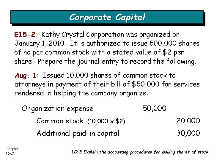 Corporate Capital E 15 -2: Kathy Crystal Corporation was organized on January 1, 2010.