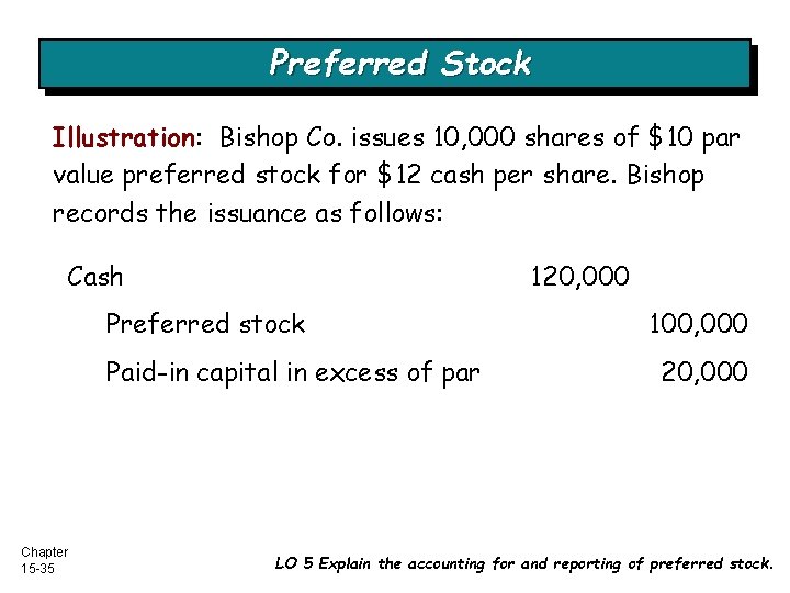 Preferred Stock Illustration: Bishop Co. issues 10, 000 shares of $10 par value preferred