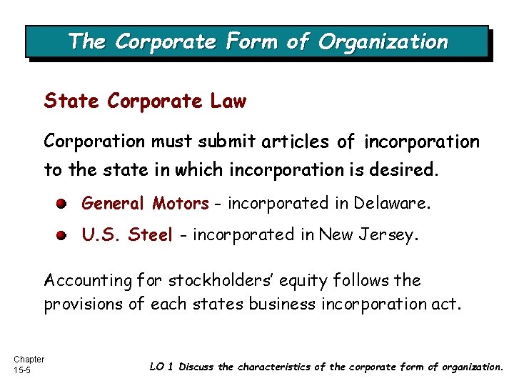 The Corporate Form of Organization State Corporate Law Corporation must submit articles of incorporation