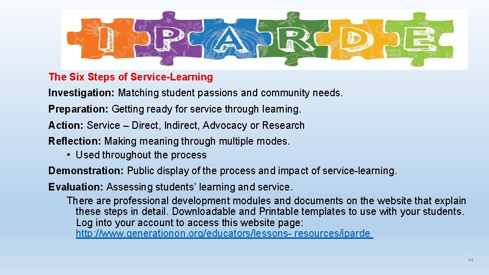 The Six Steps of Service-Learning Investigation: Matching student passions and community needs. Preparation: Getting