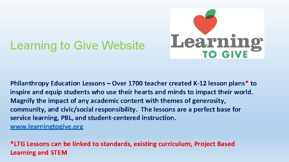 Learning to Give Website Philanthropy Education Lessons – Over 1700 teacher created K-12 lesson