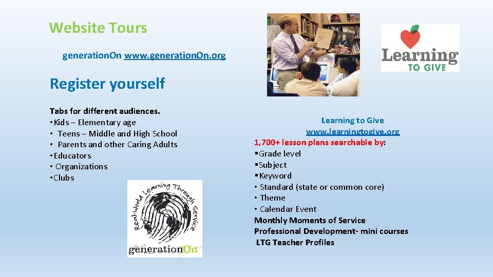 Website Tours generation. On www. generation. On. org Register yourself Tabs for different audiences.