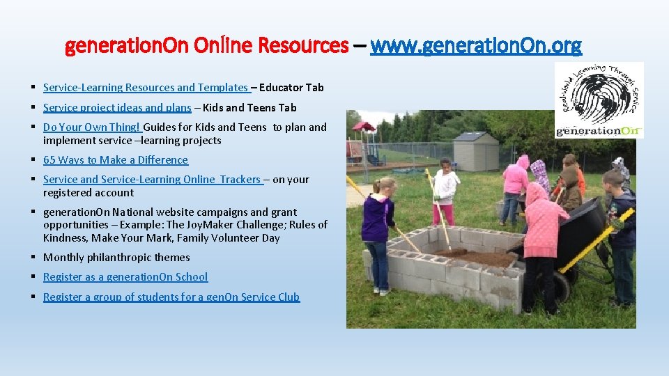 generation. On Online Resources – www. generation. On. org § Service-Learning Resources and Templates