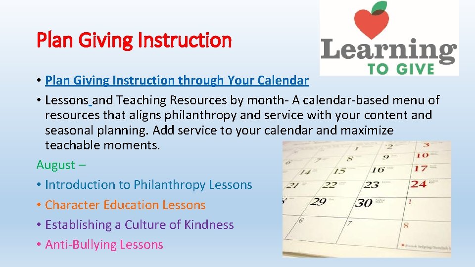 Plan Giving Instruction • Plan Giving Instruction through Your Calendar • Lessons and Teaching