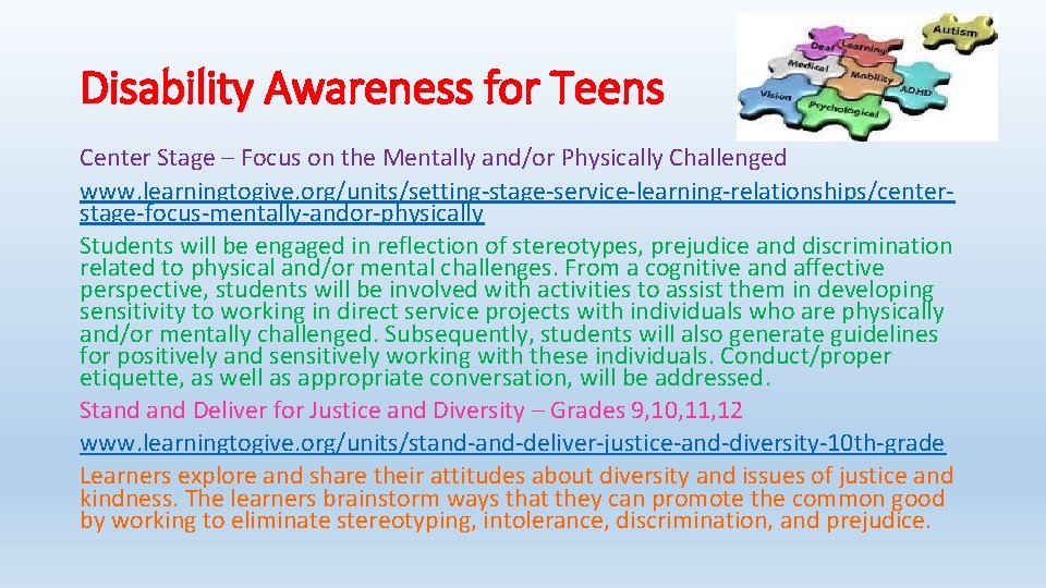 Disability Awareness for Teens Center Stage – Focus on the Mentally and/or Physically Challenged