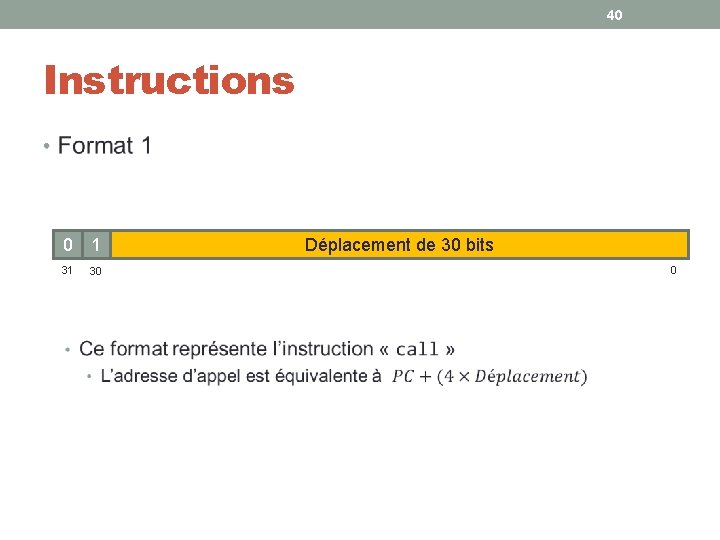 40 Instructions • 0 1 31 30 Déplacement de 30 bits 0 40 Instructions • 0 1 31 30 Déplacement de 30 bits 0