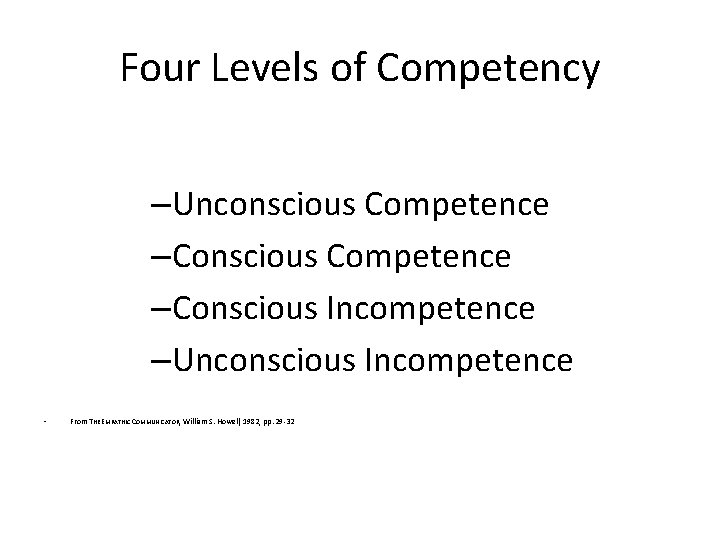 Four Levels of Competency –Unconscious Competence –Conscious Incompetence –Unconscious Incompetence • From THE EMPATHIC