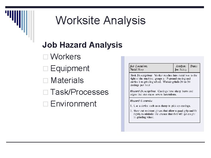 Worksite Analysis Job Hazard Analysis o Workers o Equipment o Materials o Task/Processes o