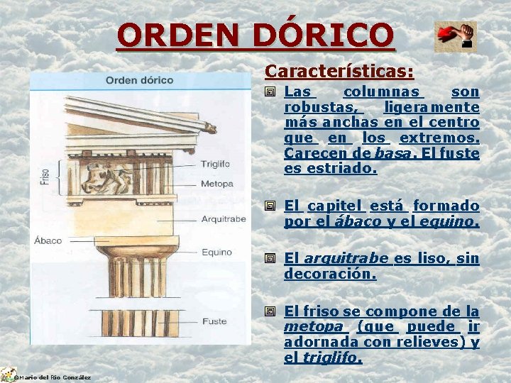 ORDEN DÓRICO Características: Las columnas son robustas, ligeramente más anchas en el centro que