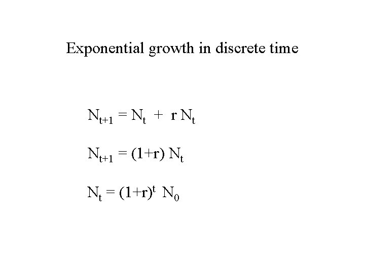 Exponential growth in discrete time Nt+1 = Nt + r Nt Nt+1 = (1+r)