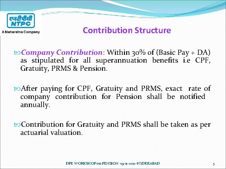 Contribution Structure Company Contribution: Within 30% of (Basic Pay + DA) as stipulated for