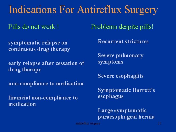 Indications For Antireflux Surgery Pills do not work ! Problems despite pills! Recurrent strictures
