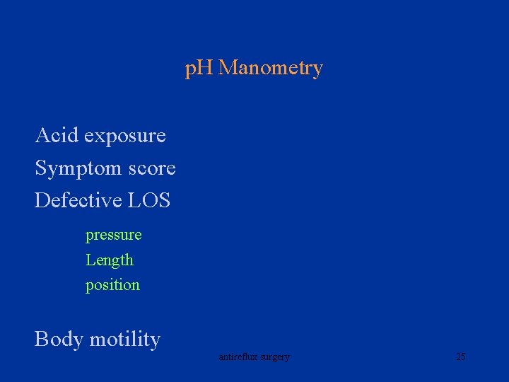 p. H Manometry Acid exposure Symptom score Defective LOS pressure Length position Body motility