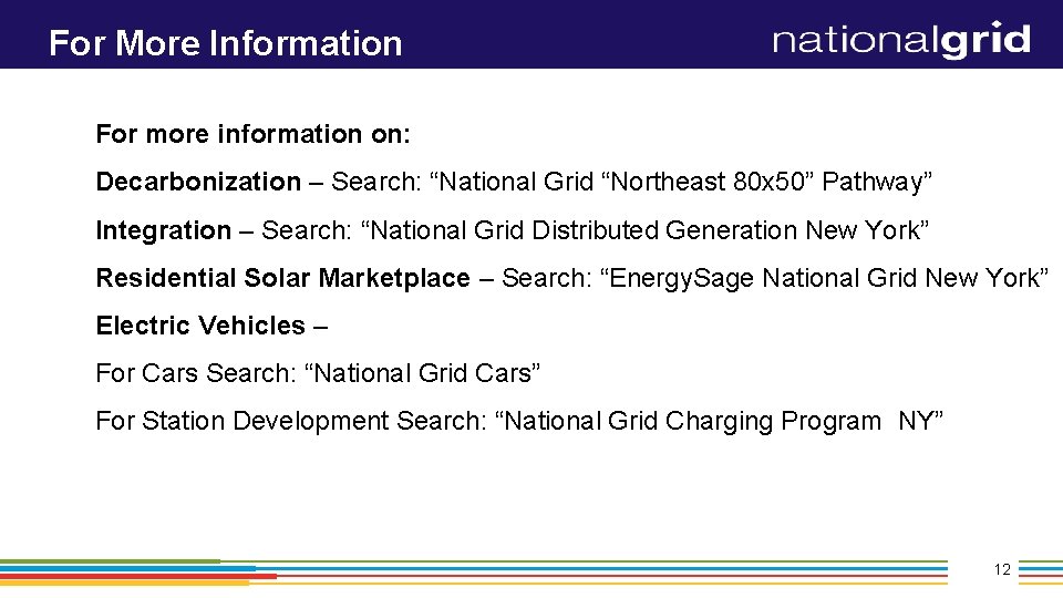 For More Information For more information on: Decarbonization – Search: “National Grid “Northeast 80