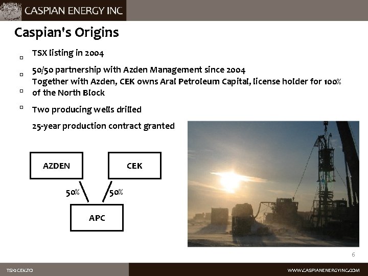 Caspian's Origins � � TSX listing in 2004 50/50 partnership with Azden Management since