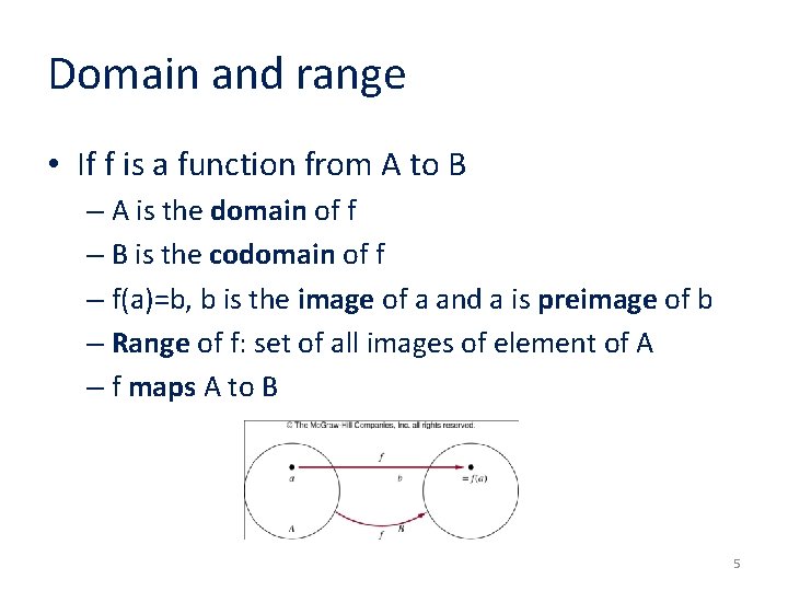 Domain and range • If f is a function from A to B –