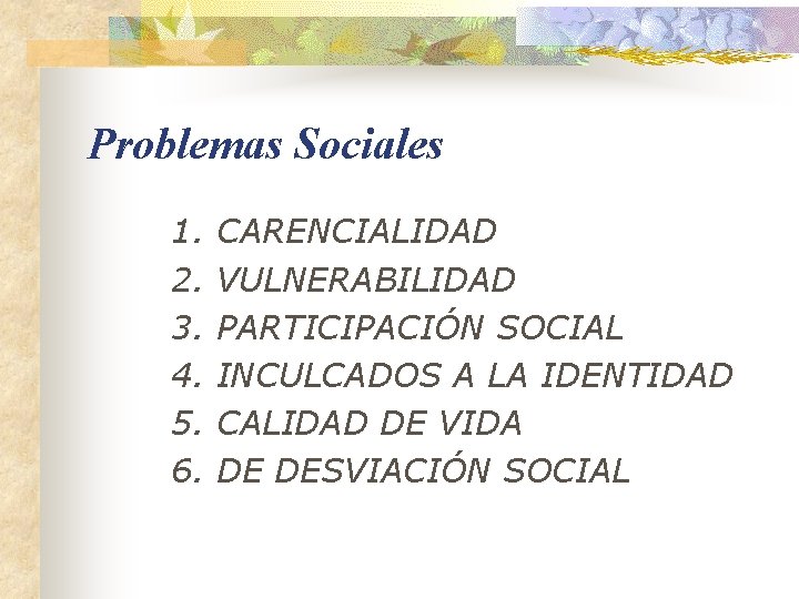 Problemas Sociales 1. CARENCIALIDAD 2. VULNERABILIDAD 3. PARTICIPACIÓN SOCIAL 4. INCULCADOS A LA IDENTIDAD