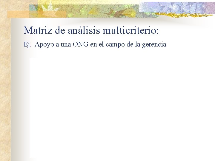 Matriz de análisis multicriterio: Ej. Apoyo a una ONG en el campo de la