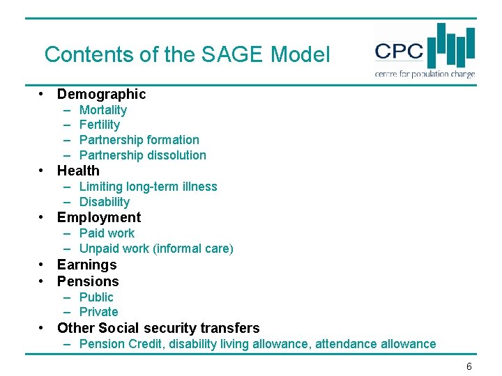 Contents of the SAGE Model • Demographic – – Mortality Fertility Partnership formation Partnership Contents of the SAGE Model • Demographic – – Mortality Fertility Partnership formation Partnership