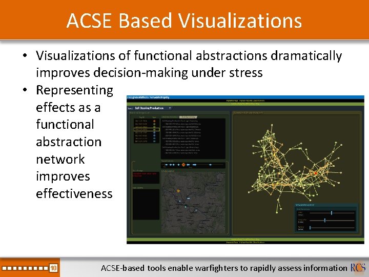 ACSE Based Visualizations • Visualizations of functional abstractions dramatically improves decision-making under stress •