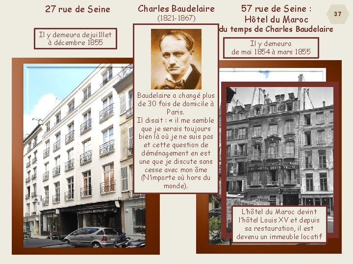 27 rue de Seine Charles Baudelaire (1821 -1867) 57 rue de Seine : Hôtel