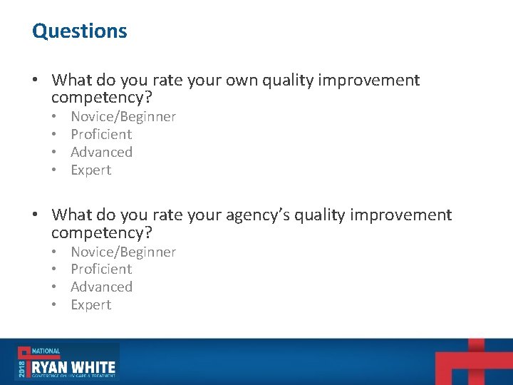 Questions • What do you rate your own quality improvement competency? • • Novice/Beginner Questions • What do you rate your own quality improvement competency? • • Novice/Beginner