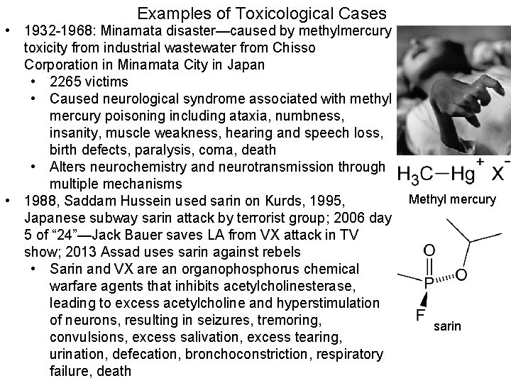 Examples of Toxicological Cases • 1932 -1968: Minamata disaster—caused by methylmercury toxicity from industrial