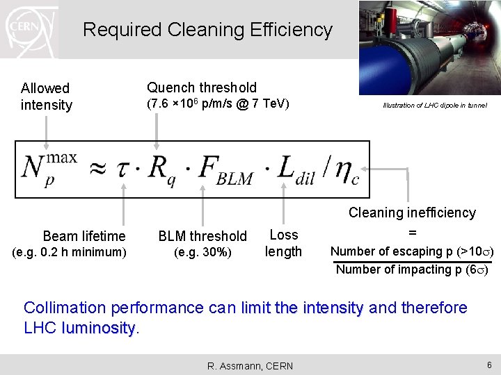 Required Cleaning Efficiency Allowed intensity Beam lifetime (e. g. 0. 2 h minimum) Quench