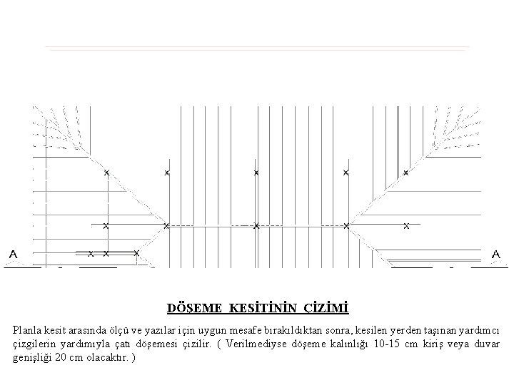 DÖŞEME KESİTİNİN ÇİZİMİ Planla kesit arasında ölçü ve yazılar için uygun mesafe bırakıldıktan sonra,