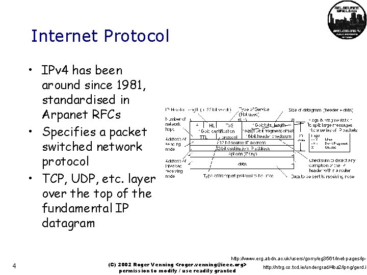 Internet Protocol • IPv 4 has been around since 1981, standardised in Arpanet RFCs