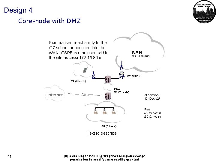 Design 4 Core-node with DMZ Summarised reachability to the /27 subnet announced into the