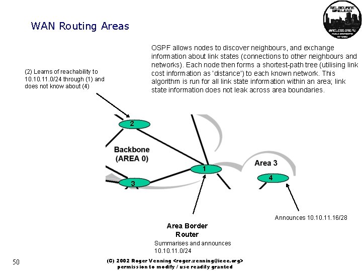 WAN Routing Areas OSPF allows nodes to discover neighbours, and exchange information about link