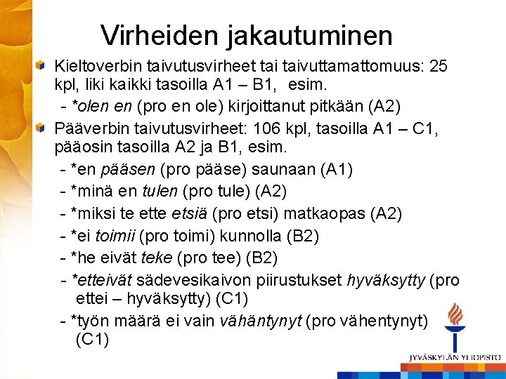 Virheiden jakautuminen Kieltoverbin taivutusvirheet taivuttamattomuus: 25 kpl, liki kaikki tasoilla A 1 – B