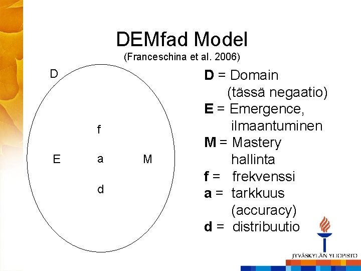 DEMfad Model (Franceschina et al. 2006) D f E a d M D =