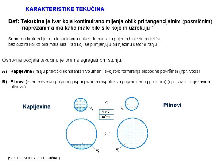 KARAKTERISTIKE TEKUĆINA Def: Tekućina je tvar koja kontinuirano mijenja oblik pri tangencijalnim (posmičnim) naprezanima