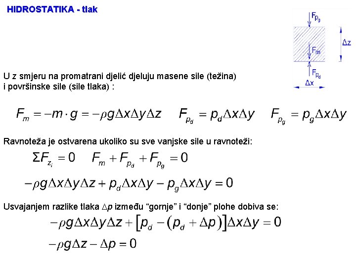 HIDROSTATIKA - tlak U z smjeru na promatrani djelić djeluju masene sile (težina) i