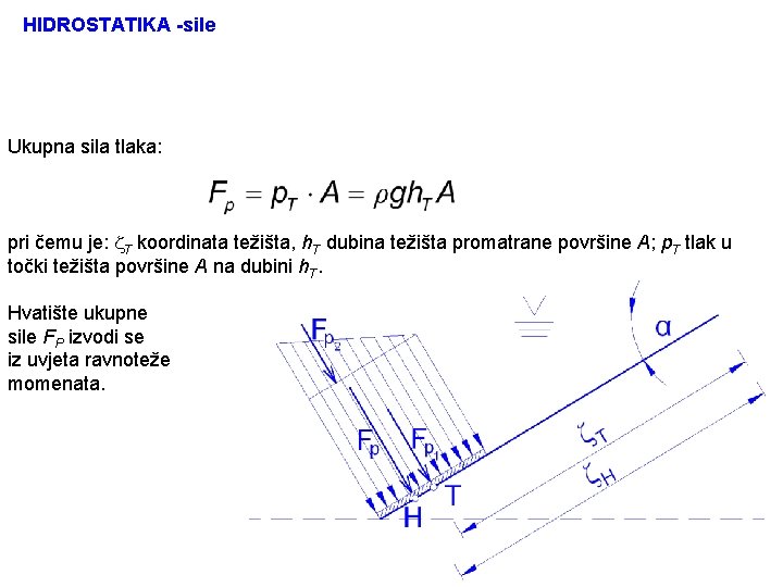 HIDROSTATIKA -sile Ukupna sila tlaka: pri čemu je: T koordinata težišta, h. T dubina