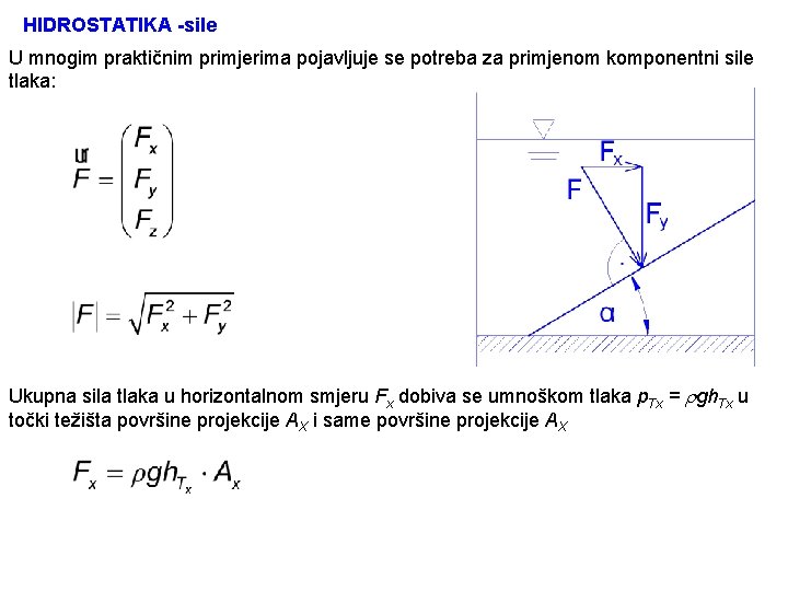 HIDROSTATIKA -sile U mnogim praktičnim primjerima pojavljuje se potreba za primjenom komponentni sile tlaka: