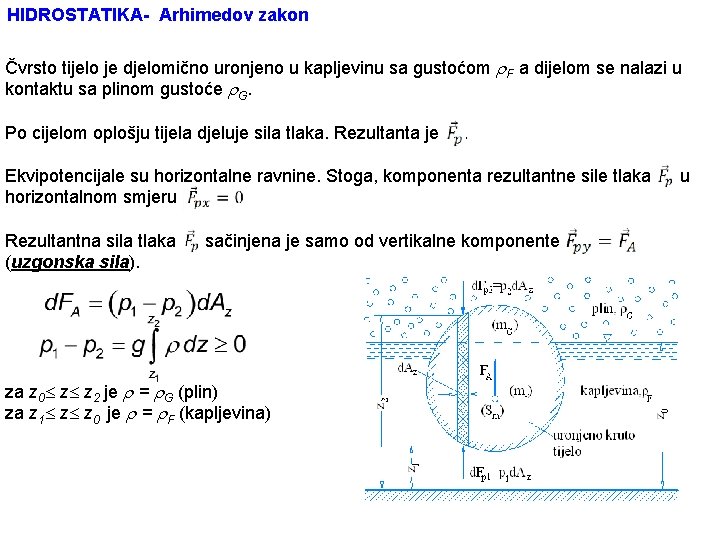 HIDROSTATIKA- Arhimedov zakon Čvrsto tijelo je djelomično uronjeno u kapljevinu sa gustoćom F a