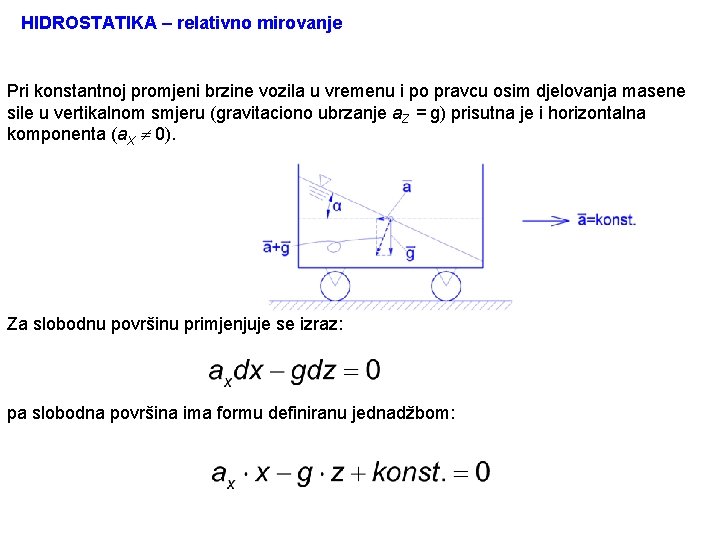 HIDROSTATIKA – relativno mirovanje Pri konstantnoj promjeni brzine vozila u vremenu i po pravcu