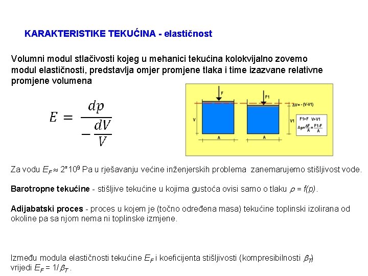 KARAKTERISTIKE TEKUĆINA - elastičnost Volumni modul stlačivosti kojeg u mehanici tekućina kolokvijalno zovemo modul