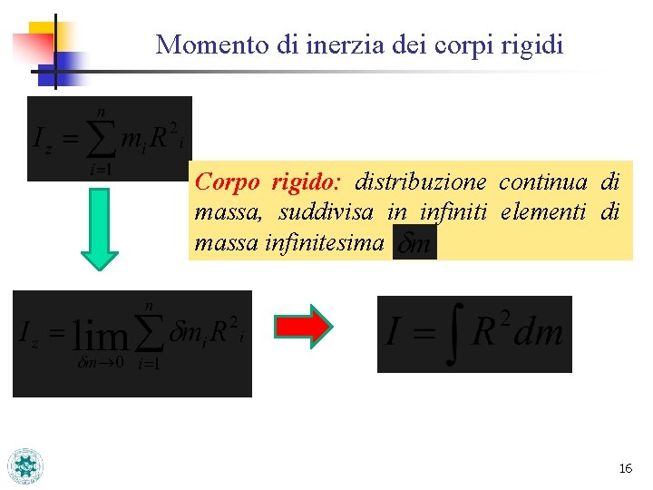 Momento di inerzia dei corpi rigidi Corpo rigido: distribuzione continua di massa, suddivisa in Momento di inerzia dei corpi rigidi Corpo rigido: distribuzione continua di massa, suddivisa in