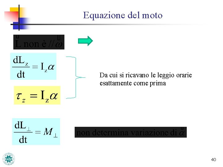 Equazione del moto Da cui si ricavano le leggio orarie esattamente come prima 40