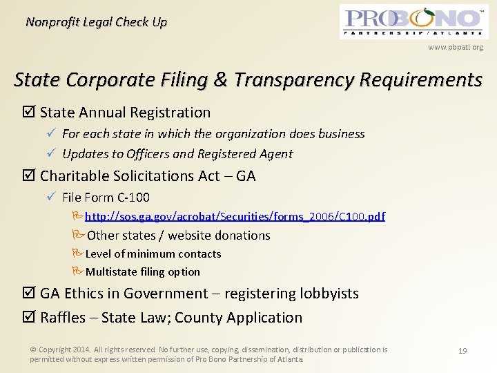 Nonprofit Legal Check Up www. pbpatl. org State Corporate Filing & Transparency Requirements State