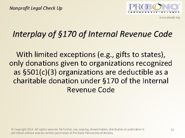 Nonprofit Legal Check Up www. pbpatl. org Interplay of § 170 of Internal Revenue