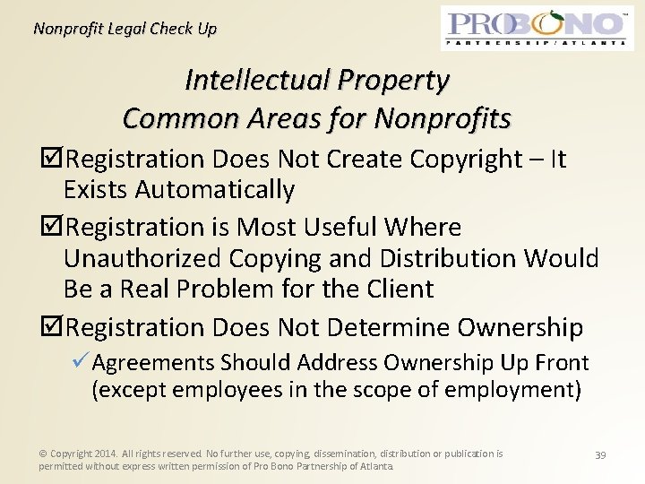 Nonprofit Legal Check Up Intellectual Property Common Areas for Nonprofits Registration Does Not Create