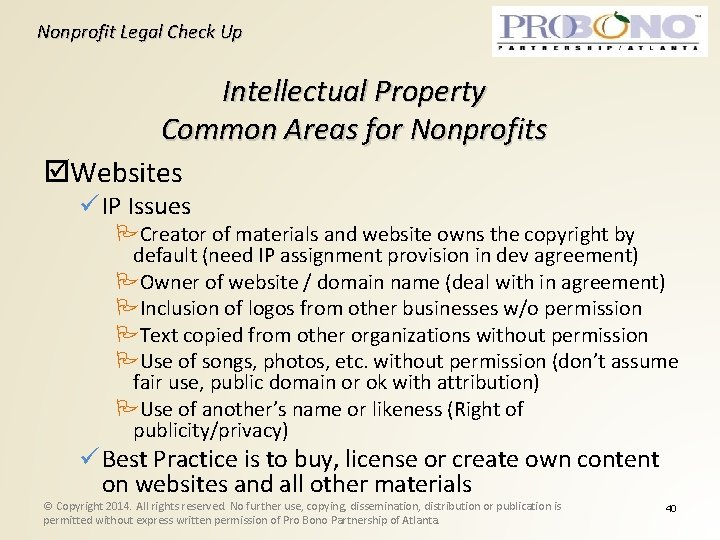 Nonprofit Legal Check Up Intellectual Property Common Areas for Nonprofits Websites IP Issues Creator