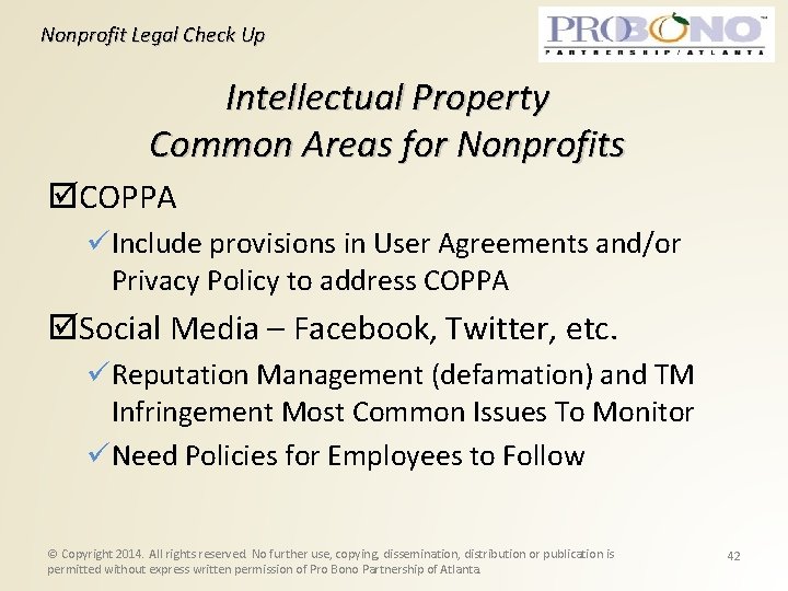 Nonprofit Legal Check Up Intellectual Property Common Areas for Nonprofits COPPA Include provisions in