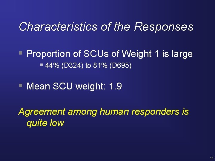 Characteristics of the Responses § Proportion of SCUs of Weight 1 is large §