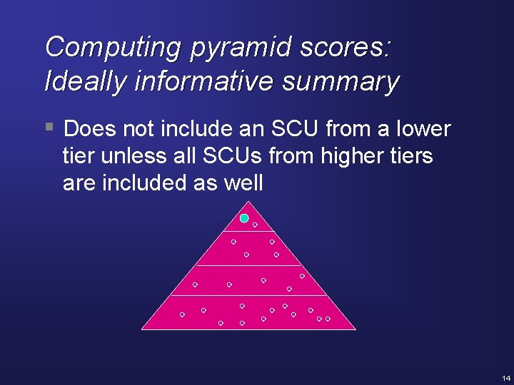 Computing pyramid scores: Ideally informative summary § Does not include an SCU from a